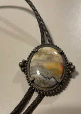 Western Bolo Leather Tie Picture Jasper Oval Stone Metal Bezel Set Bead Edge Vnt picture