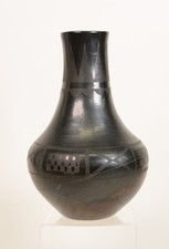 Maria Martinez Pottery Black on black Tall Jar, Maria & Julian, Signed 