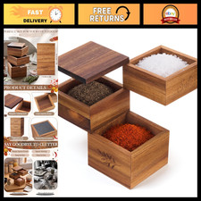Triple Acacia Wood Salt Cellar & Square Swivel Pepper Storage Box - Kitchen Orga picture