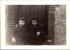 Smiling Young Boys in Winter Coats, 1930s Vintage B&W Snapshot Photo picture