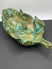 MCM Leaf Candy Dish Green Blue Teal Speckled Mid Century Modern Decor Art Glass picture