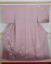 Vintage Japanese Kimono Silk Homongi Purple Authentic Kaga Yuzen Colored Floral picture