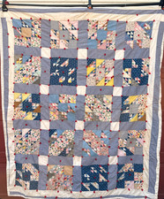 Apx 1940s Vintage Quilt Feedsack & Cotton Fabrics Hand Tied Old Maid’s Puzzle picture