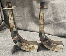 2 Eilon Mosaics Mid-Century Candlesticks/ Hammered Copper Israel/Brutalist/Art picture