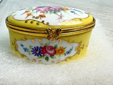 Oval Sunny Yellow Hand Painted Floral Hinged Trinket Pill Box Butterfly Clasp  picture