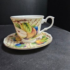 Duchess Fine Bone China Tea Cup Saucer Parchment Fruit England Writing Fruit picture
