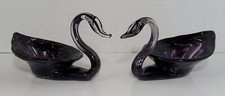 Set Of 2 Blown Glass Swan Dishes Purple Matching Pair  picture