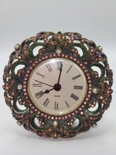 Vintage Shontek Quartz Faux Pink Green Stones and Pearl Jeweled Table Clock RUNS picture
