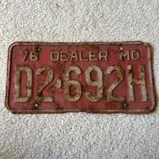 Vintage 1976 Missouri Dealer License Plate. Man cave. Garage. Bar. Expired picture