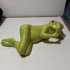 Smoking Frog Lounging Relaxing Lime Green Frog Figurine Decor Vintage picture