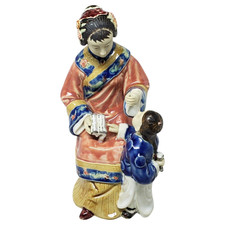 Chinese Mud Figure Porcelain Shiwan Woman Teaching Reading to Child Figurine picture