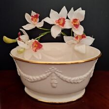 French Country Orchids Oval Planter Pot White Porcelain Garland Décor Gold Trim picture