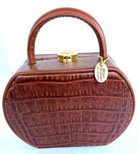 Vtg 1997 Wolf Designs Croc Embossed Leather Vanity Jewelry Train Case Mirror Key picture