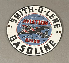 VINTAGE SMITH-O-LENE AVIATION 12” PORCELAIN SIGN CAR GAS OIL GASOLINE AUTO picture
