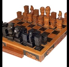 RARE VTG Carved Wood Chess Set Aztec 10” Folding Board Case John Clifford picture