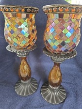 PartyLite GLOBAL FUSION Peglite Pillar Holder Candle Mosaic Tile Glass Lot Of 2 picture