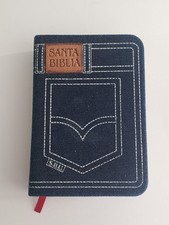 Santa Biblia Holy Bible in Spanish denim fabric with leather patch back pocket picture