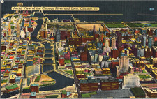 Vintage Chicago IL Postcard Linen Aerial View City River Loop picture