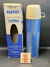 Vintage 1959 Keapsit Vacuum Thermos #2433 Blue Striped Quart MCM In Box picture