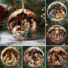 6× Vintage Birth of Jesus Nativity Scene Christmas Ornaments 2D Wooden Decor USA picture