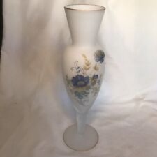 White Satin glass vase with blue yellow Painted Flowers Twisted pedistal Base picture