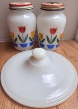 NICE & CLEAN🔥 Fire King Tulip Salt & Pepper Shakers & Grease Jar Lid Vtg Set picture