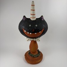 VTG 17” Folk Art Halloween Primitive Paper Mache Black Cat Face On Pedestal picture