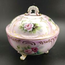 Hand Painted 3 Footed Gilded Porcelain Bowl w Lid Roses REPAIR picture