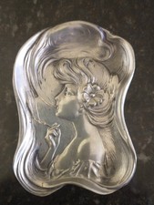 Vintage Art Nouveau Smoking Lady Vanity Tray Hudson Pewter Catchall picture