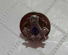 Vtg 14k Masonic Compass Lapel Pin Yellow Gold Silver Tone Blue Diamond Threaded picture