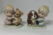 Homeco Figurines 2pc Babies Boy w/Puppy Girl w/Bear Porcelain #1424 Vintage 80’s picture