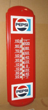 PEPSI - Pepsi-Cola -BIG VINTAGE THERMOMETER SIGN -Two Logos - RED & WHITE & BLUE picture