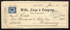 Wells Fargo & Co. 1876 Bank Check San Francisco S. Knapp $250 #460 Rev. Stamp picture