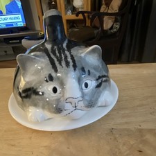 Vintage Mike Hinton Gray Tabby Cat Butter Dish and Plate Set Studio Art picture