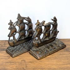 Vintage - 1920s Cast Iron USS Constitution Ship Bookends, One Damaged* picture