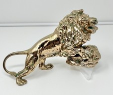 Vintage Lion Heavy Cast Metal Roaring Statue Mount Gold Tone Plated Figure MCM picture
