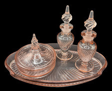 Vintage Tiffin Depression Glass Milady Pink Vanity Set Tray Powder Bottles picture