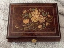 Vtg Italian Burlwood  Musical Jewelry Box Plays “What A Feeling”. picture