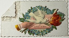 1880s EMMA GABEL Tulip Hand Die cut Victorian Calling Card White FRINGE Dove picture