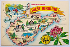 Greetings From West Virginia Colorful Map Fishing Flower Vintage Postcard picture
