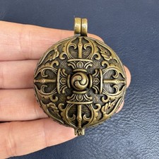 Vintage Tibetan Copper Alloy Ghau Box Pendant Vajra Mantra Round Amulet Locket picture