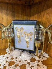 NOS Vintage Brass Bow Ribbon Wall Sconces Pair In Box Glass Candle Holders picture