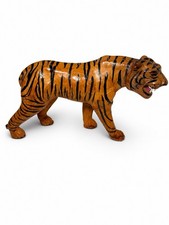 Large Vtg MCM Orange African Tiger Leather Wrapped Art Statue Glass Eyes w/Teeth picture