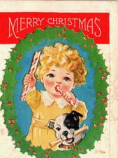 Merry Christmas Wreath, Little Girl Candy Cane Puppy Embossed Postcard c1915 picture