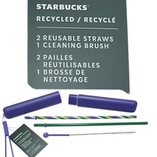 Starbucks 2 Reusable Straw 1 Cleaning Brush & Travel Case W/ Strap Purple Green picture