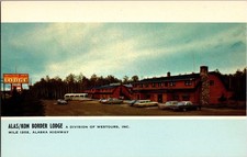 ALAS/KON Border Lodge Postcard Yukon Territory Canada Alaska Highway Chrome picture