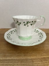 Vintage Royal Crest Bone China Teacup & Saucer Shamrock Design White With Clover picture