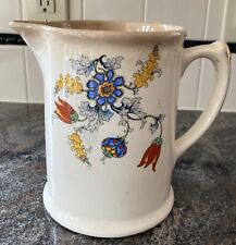 Vintage Ceramic Pottery Pitcher Flowers Florals Multi Colored Gold Handle Retro picture