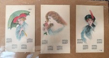 1917 Empire Art Calendar Cards Set 3 Victorian Lady Portrait Prints Antique picture