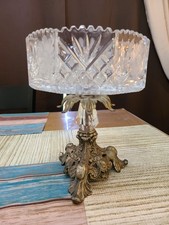 American Brilliant Cut Crystal Compote Bowl Brass Pedestal VTG Mid-Century picture